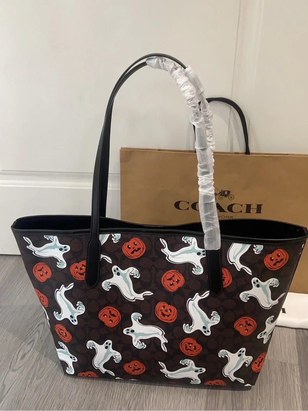Coach Brown Tote with White Ghost and Orange Pumpkin Print